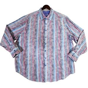 Robert Graham Button Up Shirt Men's 2XL Blue Red Striped Flip Cuffs
